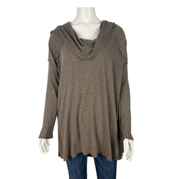 Soft Surroundings Cowl Hooded Raw Hem Pullover Large Taupe Brown Tunic Top Shirt - Picture 1 of 7